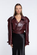 Cropped Trench Leather Jacket - Burgundy