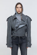 Cropped Trench Leather Jacket - Grey