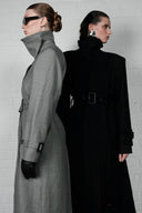 Double-Breasted High Collar Trench Coat - Black