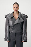 Cropped Trench Leather Jacket - Grey