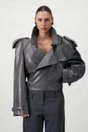 Cropped Trench Leather Jacket - Grey