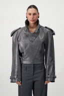 Cropped Trench Leather Jacket - Grey