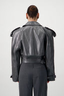 Cropped Trench Leather Jacket - Grey