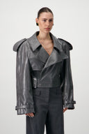 Cropped Trench Leather Jacket - Grey