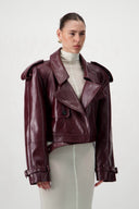 Cropped Trench Leather Jacket - Burgundy