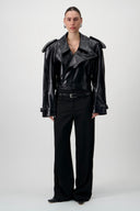 Cropped Trench Leather Jacket - Black