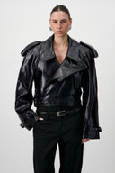 Cropped Trench Leather Jacket - Black