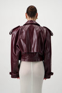 Cropped Trench Leather Jacket - Burgundy
