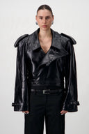 Cropped Trench Leather Jacket - Black