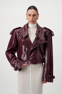 Cropped Trench Leather Jacket - Burgundy