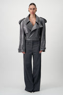 Cropped Trench Leather Jacket - Grey