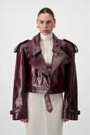 Cropped Trench Leather Jacket - Burgundy