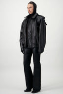 Oversized Bomber Leather Jacket - Black