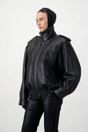 Oversized Bomber Leather Jacket - Black