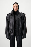Oversized Bomber Leather Jacket - Black