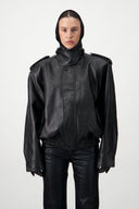 Oversized Bomber Leather Jacket - Black