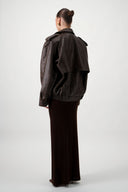 Oversized Bomber Leather Jacket - Brown