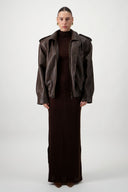 Oversized Bomber Leather Jacket - Brown