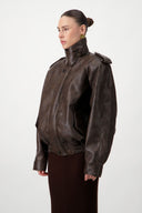 Oversized Bomber Leather Jacket - Brown