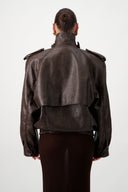 Oversized Bomber Leather Jacket - Brown