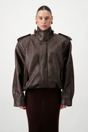 Oversized Bomber Leather Jacket - Brown