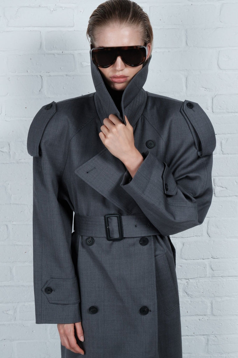 Double-Breasted High Collar Trench Coat - AFTERHOURS