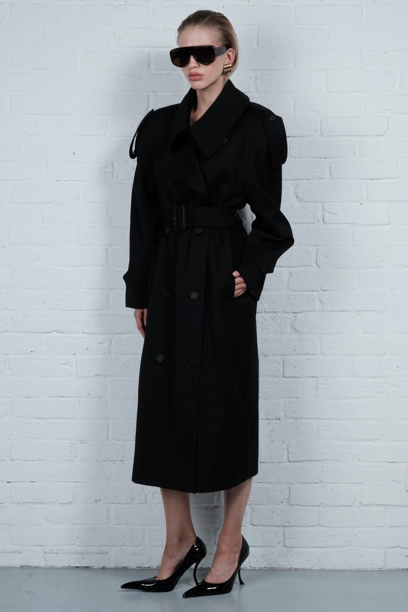 Double-Breasted High Collar Trench Coat - AFTERHOURS