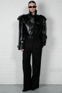 Cropped Trench Leather Jacket - Black