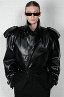 Cropped Trench Leather Jacket - Black