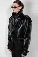 Cropped Trench Leather Jacket - Black