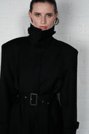 Double-Breasted High Collar Trench Coat - Black