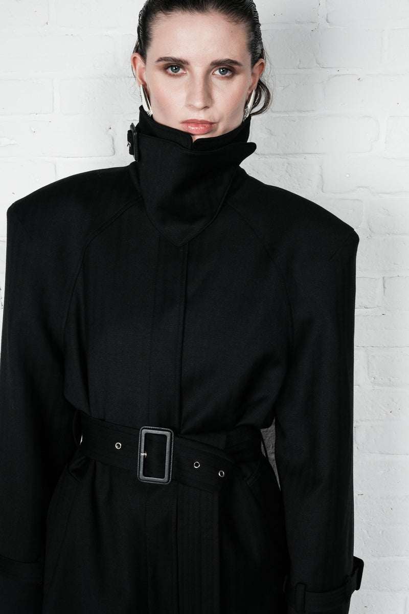 Double-Breasted High Collar Trench Coat
