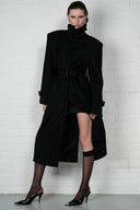 Double-Breasted High Collar Trench Coat - Black