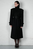 Double-Breasted High Collar Trench Coat - Black