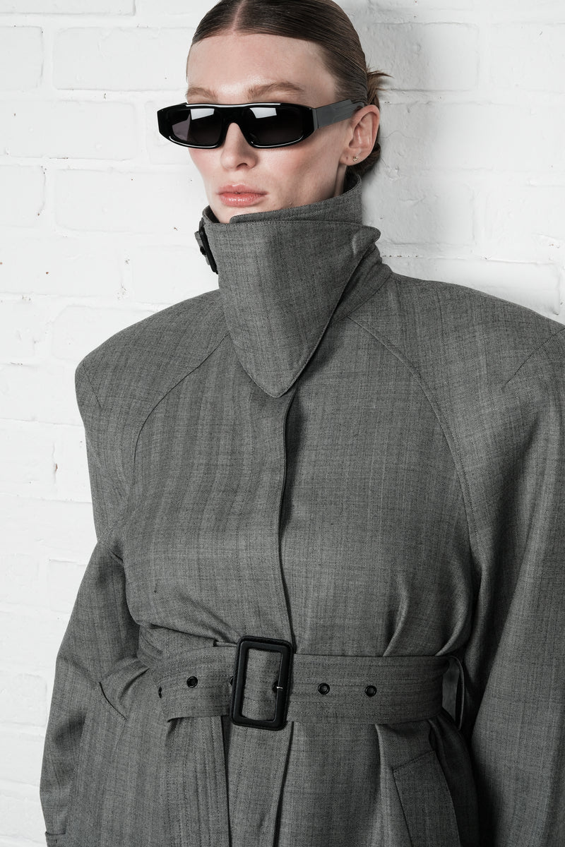 Double-Breasted High Collar Trench Coat