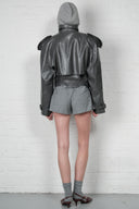 Cropped Trench Leather Jacket - Grey