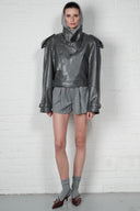 Cropped Trench Leather Jacket - Grey