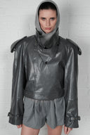 Cropped Trench Leather Jacket - Grey