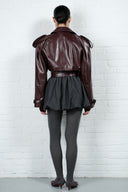 Cropped Trench Leather Jacket - Burgundy