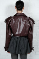 Cropped Trench Leather Jacket - Burgundy