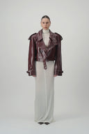 Cropped Trench Leather Jacket - Burgundy