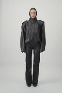 Oversized Bomber Leather Jacket - Black