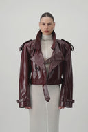 Cropped Trench Leather Jacket - Burgundy