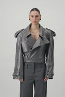 Cropped Trench Leather Jacket - Grey