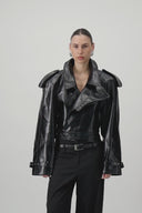Cropped Trench Leather Jacket - Black