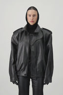 Oversized Bomber Leather Jacket - Black